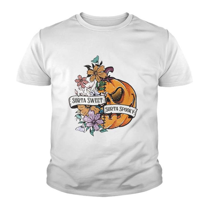Halloween Sorta Sweet Sorta Spooky Pumpkin Floral Youth T-shirt