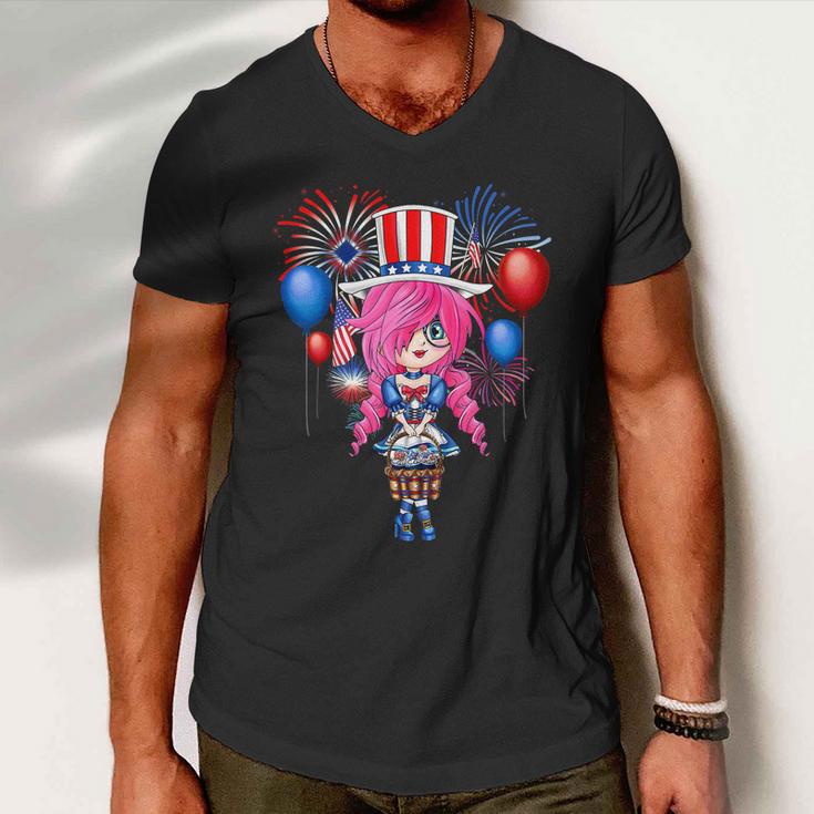 4Th Of July Japanese Anime Merch Cute Manga Teen Girls Women Men V-Neck Tshirt