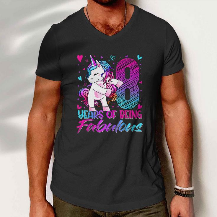 8Th Birthday 8 Year Old Girl Flossing Funny Unicorn Party Men V-Neck Tshirt