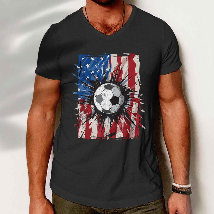 American Flag Soccer Ball 4Th Of July Cool Sport Patriotic Men V-Neck Tshirt