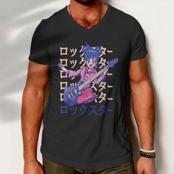 Anime Girl Bass Guitar Men V-Neck Tshirt