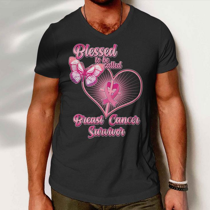 Blessed To Be Called Breast Cancer Survivor Pink Ribbon Cross Men V-Neck Tshirt
