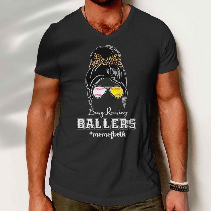 Busy Raising Ballers Mom Of Both Baseball Softball Messy Bun Sticker Features De Men V-Neck Tshirt