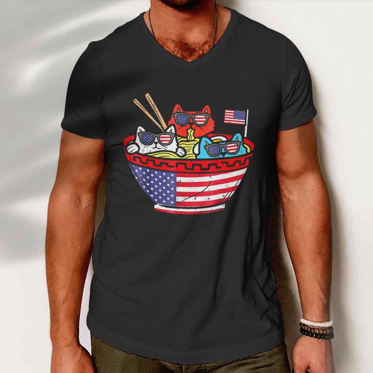 Cats Ramen Anime American Flag Usa Funny 4Th Of July Fourth Men V-Neck Tshirt