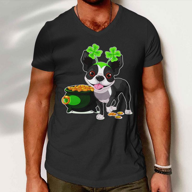 Cute Boston Terrier Shamrock St Patricks Day Men V-Neck Tshirt