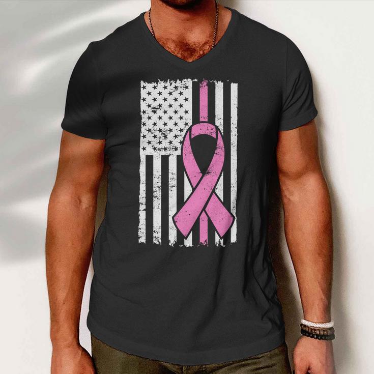 Distressed Breast Cancer Ribbon Flag Tshirt Men V-Neck Tshirt