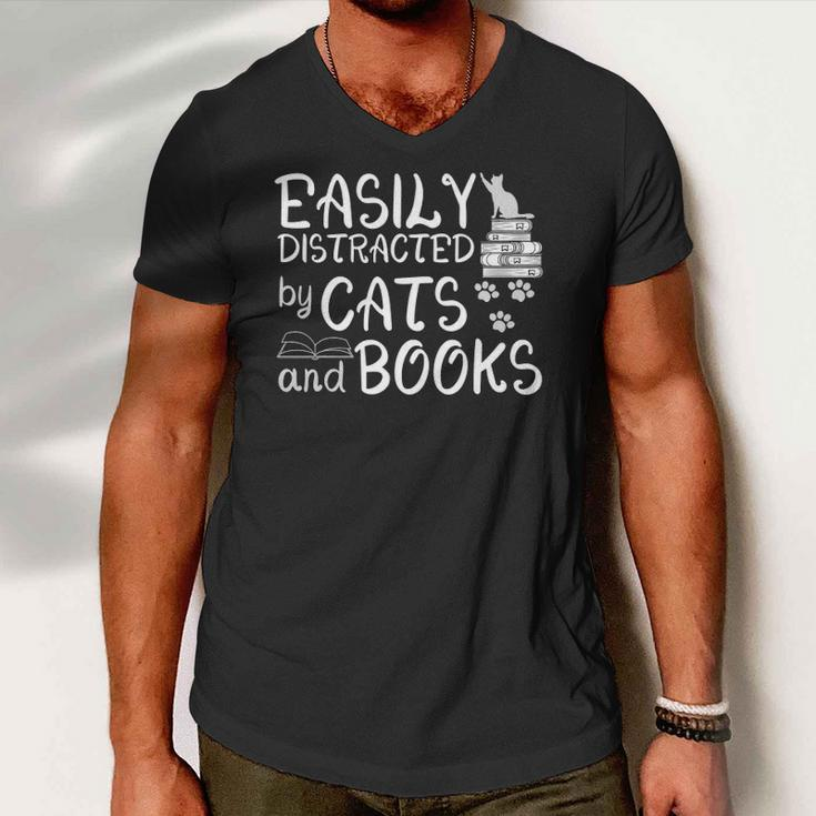 Easily Distracted By Cats And Books Funny Book Lover Men V-Neck Tshirt