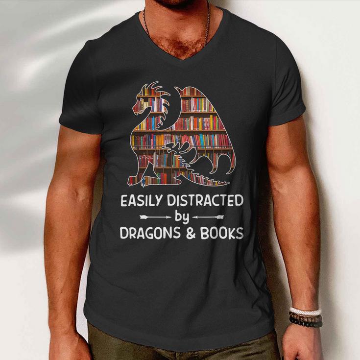 Easily Distracted By Dragon And Books Nerds Meaningful Gift Men V-Neck Tshirt