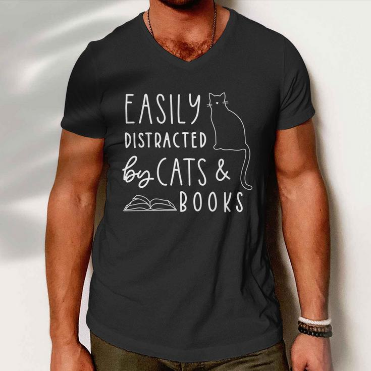 Easily Distracted Cats And Books Funny Gift For Cat Lovers Gift Men V-Neck Tshirt