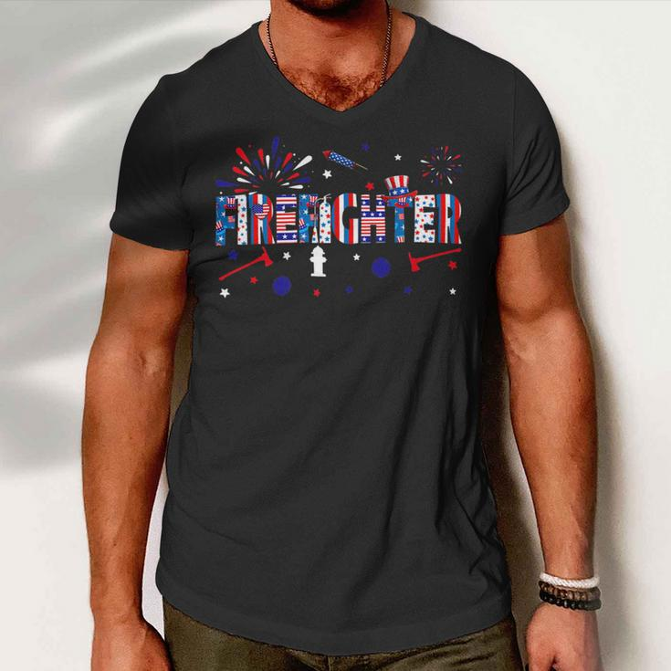 Firefighter Retro American Flag Firefighter Jobs 4Th Of July Fathers Day V2 Men V-Neck Tshirt