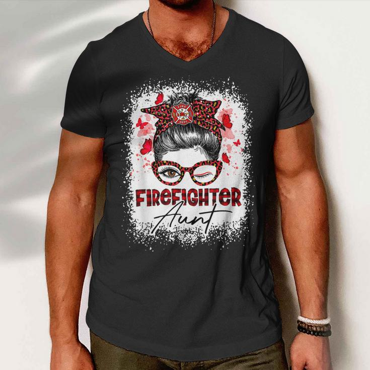 Firefighter The Red Proud Firefighter Fireman Aunt Messy Bun Hair Men V-Neck Tshirt