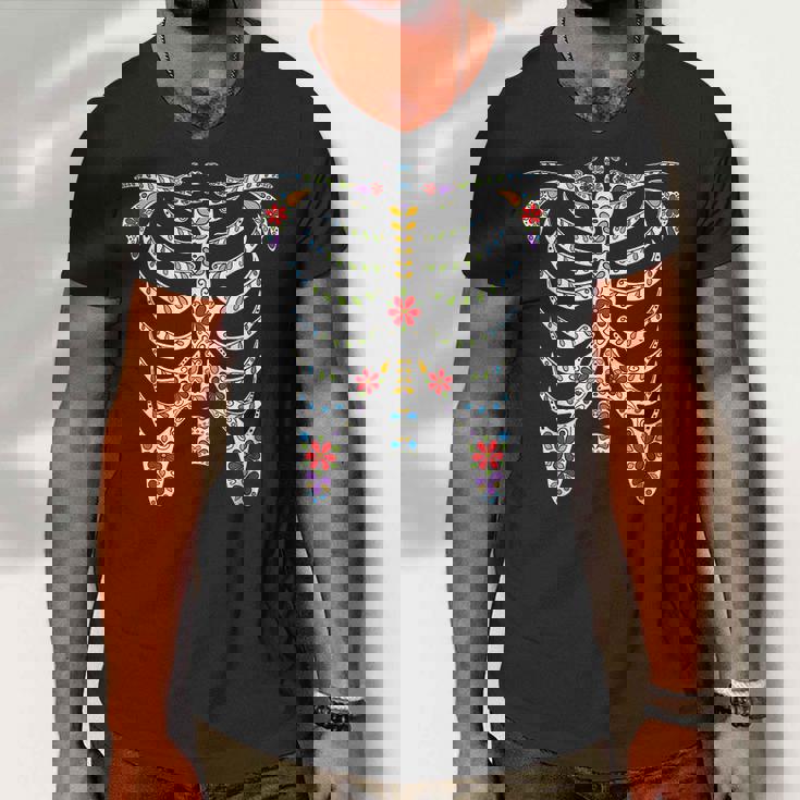 Halloween Day Of Dead Skeleton Flowers Decorated Men V-Neck Tshirt