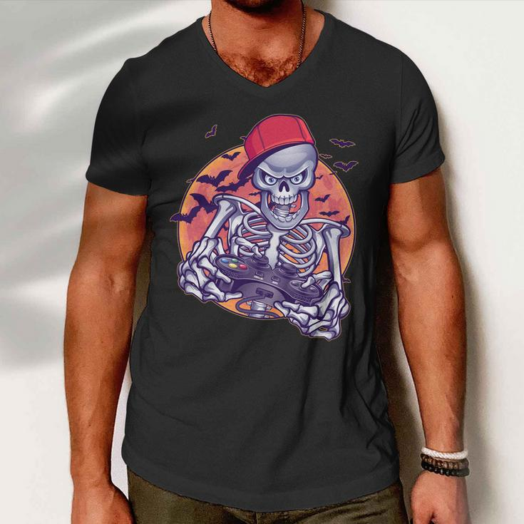 Halloween Video Gamer Skeleton Tshirt Men V-Neck Tshirt