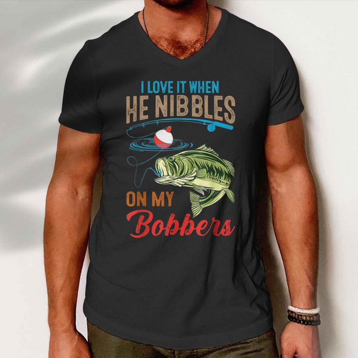 I Love It When He Nibbles On My Bobbers Funny Bass Fishing Men V-Neck Tshirt