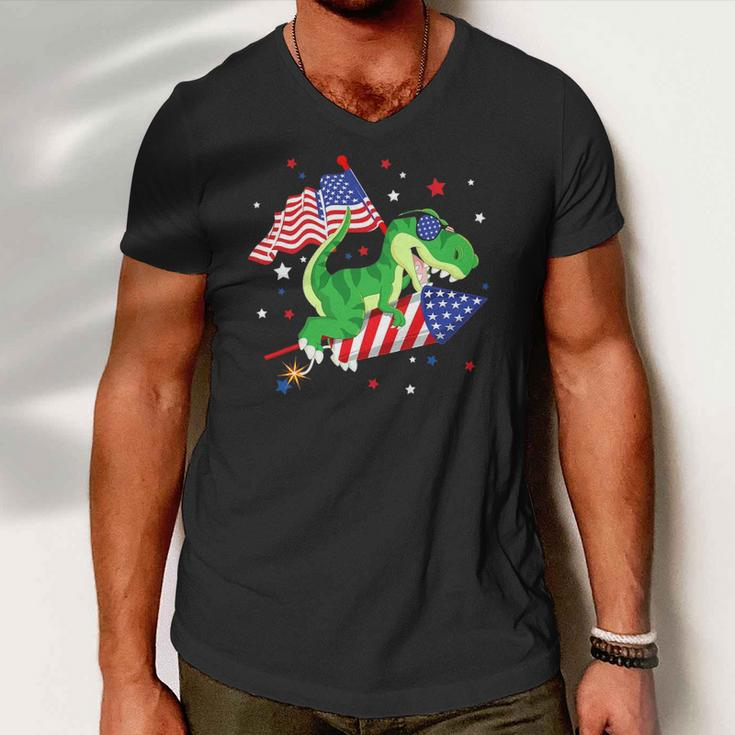 Patriotic Dinosaur Fireworks &8211 Usa American Flag 4Th Of July Men V-Neck Tshirt