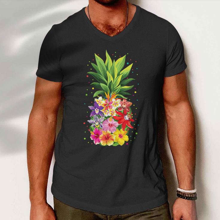 Pineapple Flowers Aloha Hawaii Vintage Hawaiian Floral Women Men V-Neck Tshirt