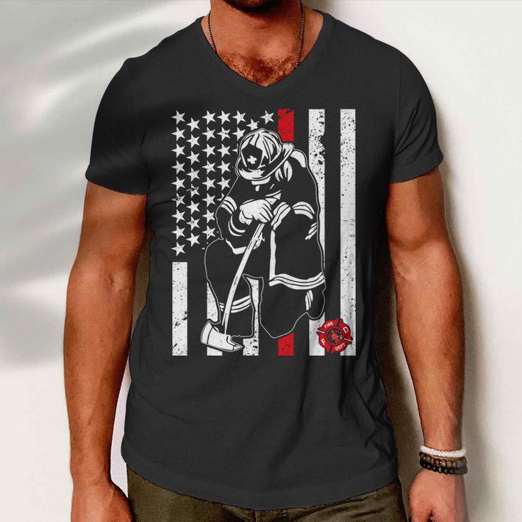 Praying Firefighter Thin Red Line Tshirt Men V-Neck Tshirt