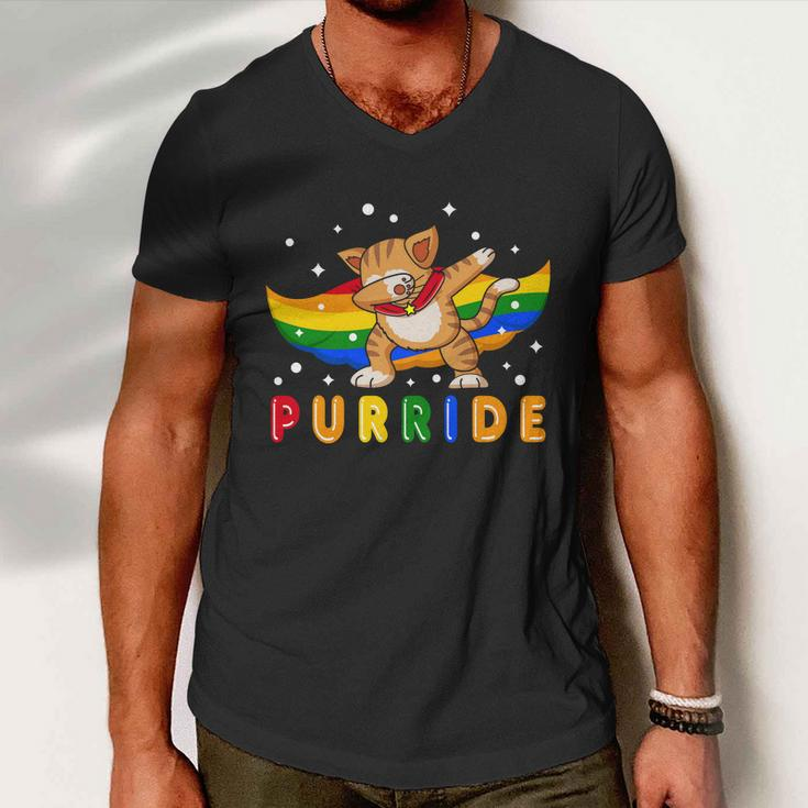 Pride Month Dabbing Purride Cat Gay Pride Lgbt Men V-Neck Tshirt