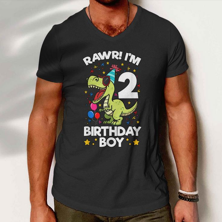 Rawr Im 2 Birthday Boy Dinosaur Trex Themed 2Nd Birthday Men V-Neck Tshirt