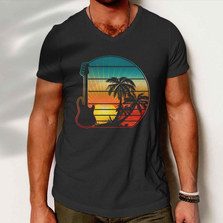 Retro Vintage Guitar Sunset Sunrise Island Men V-Neck Tshirt