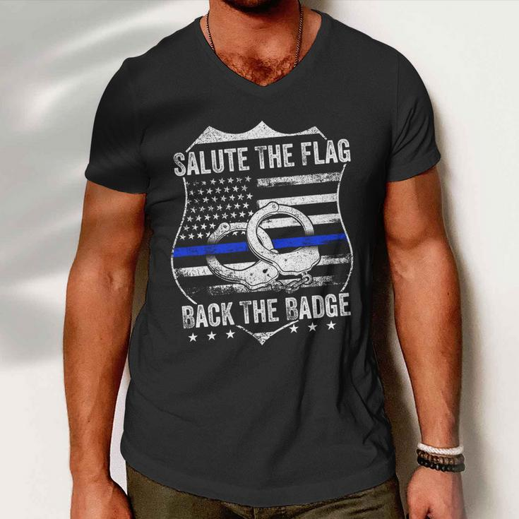 Salute The Flag Back The Badge Policemen Gift Police Themed Gift Men V-Neck Tshirt