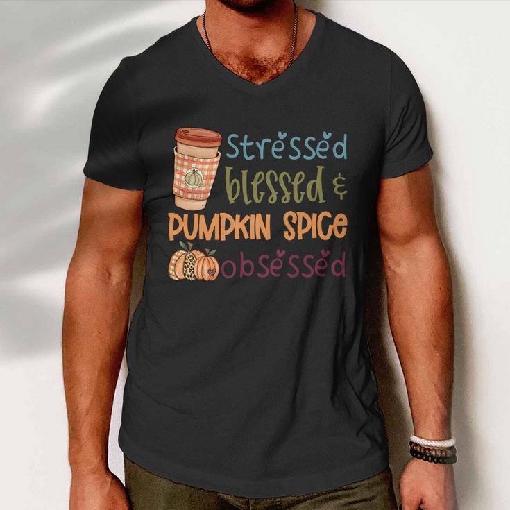 Stressed Blessed Pumpkin Spice Obsessed Thanksgiving Quote Men V-Neck Tshirt