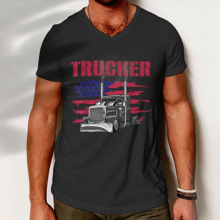 Trucker Truck Driver American Flag Trucker Men V-Neck Tshirt