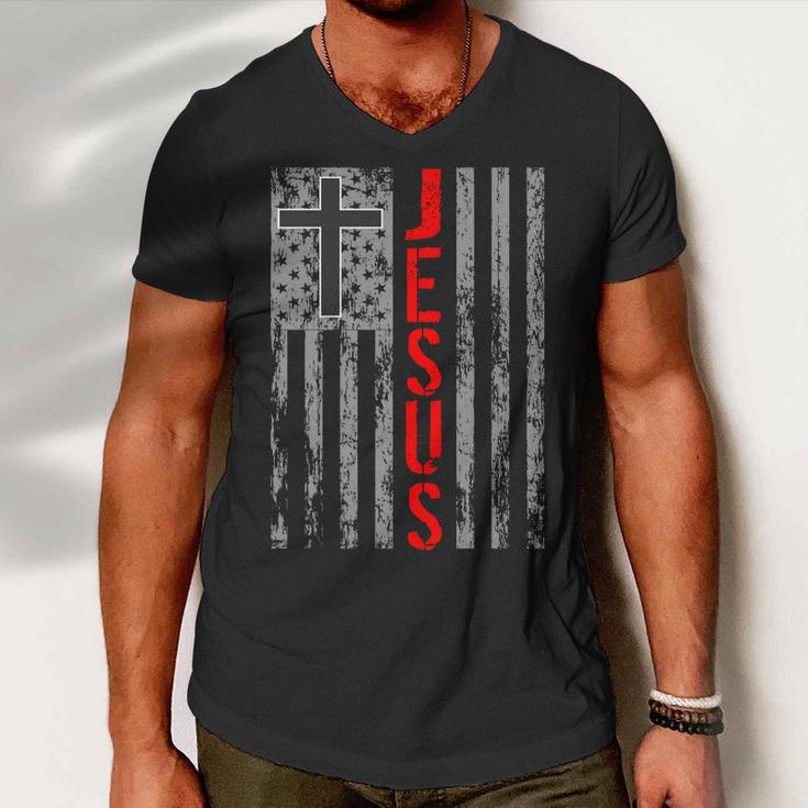 Vintage Jesus Usa American Flag Catholic Christion Cross Tshirt Men V-Neck Tshirt