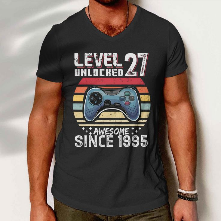 Vintage Video Gamer Birthday Level 27 Unlocked 27Th Birthday Men V-Neck Tshirt