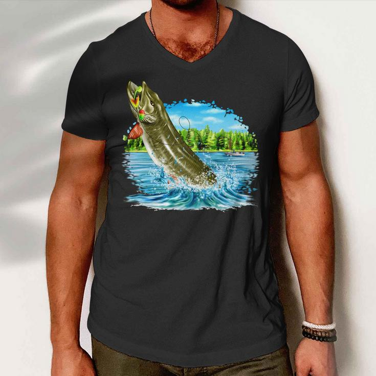 Wildlife - Fishing Muskie Fish Portrait Men V-Neck Tshirt