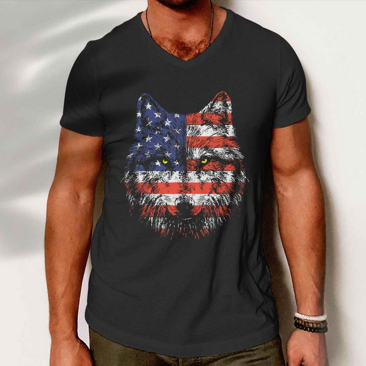 Wolf American Flag Usa 4Th Of July Patriotic Wolf Lover Men V-Neck Tshirt