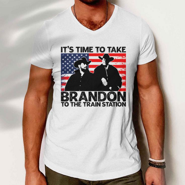 Its Time To Take Brandon To The Train Station America Flag Funny Its Time To Tak Men V-Neck Tshirt