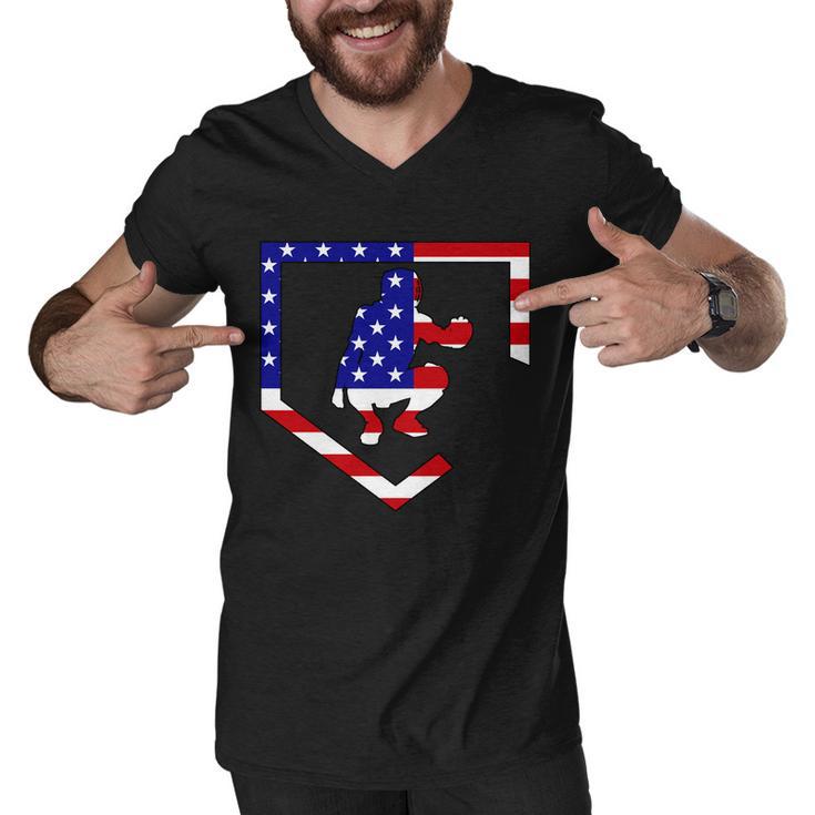 American Baseball Catcher Flag Tshirt Men V-Neck Tshirt