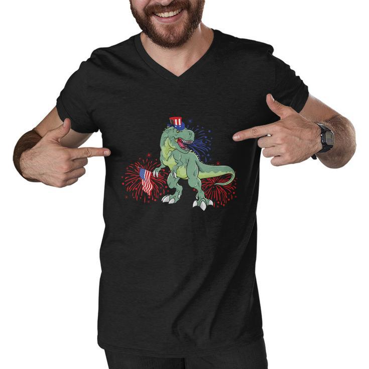 American Flag Dinosaur Plus Size Shirt For Men Women Family And Unisex Men V-Neck Tshirt