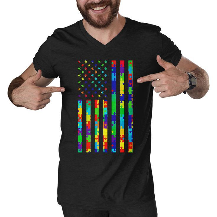 Autism Awareness Colorful Puzzle Flag Men V-Neck Tshirt