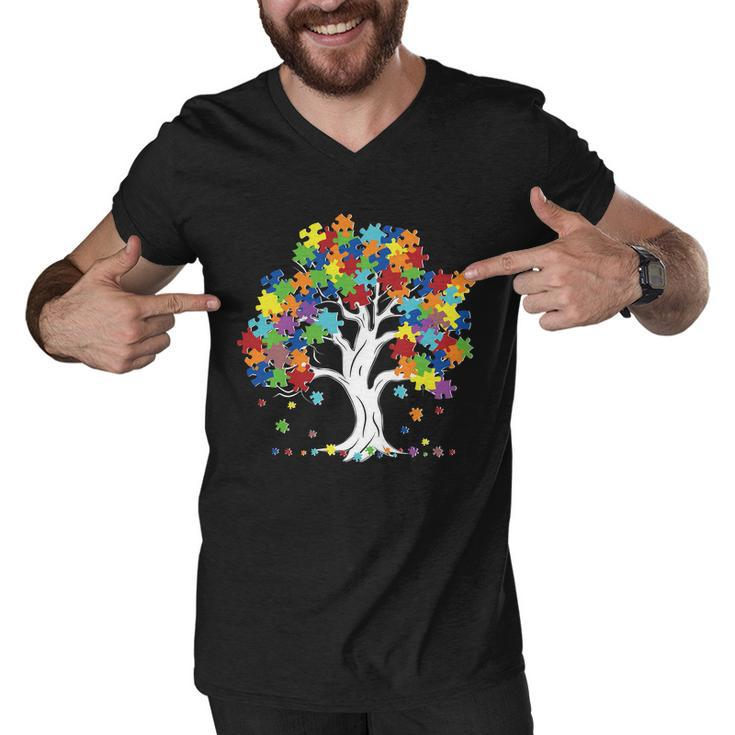 Autism Awareness Puzzle Piece Tree Men V-Neck Tshirt
