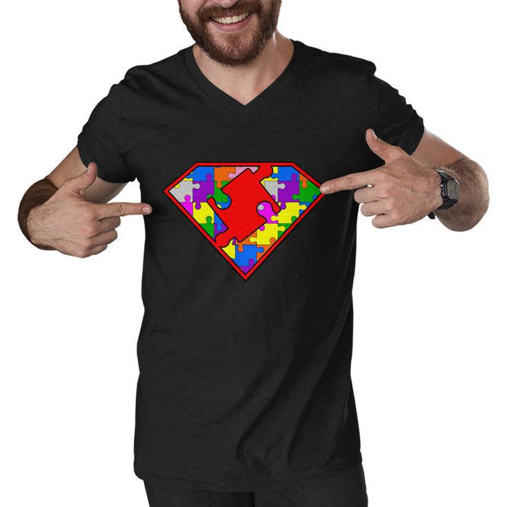 Autism Superhero Puzzle Crest Tshirt Men V-Neck Tshirt