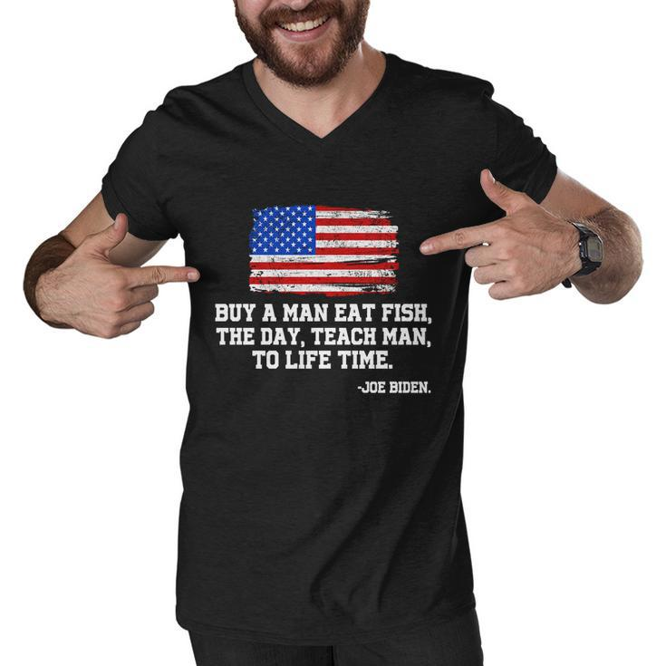 Buy A Man Eat Fish Joe Biden Usa American Flag Tshirt Men V-Neck Tshirt
