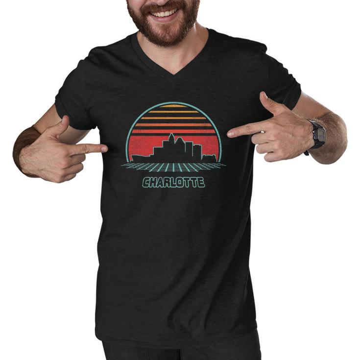 Charlotte City Skyline Retro 80S Style Souvenir Gift Men V-Neck Tshirt