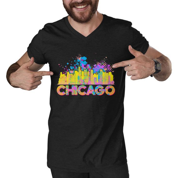Colorful Chicago Skyline Paint Men V-Neck Tshirt