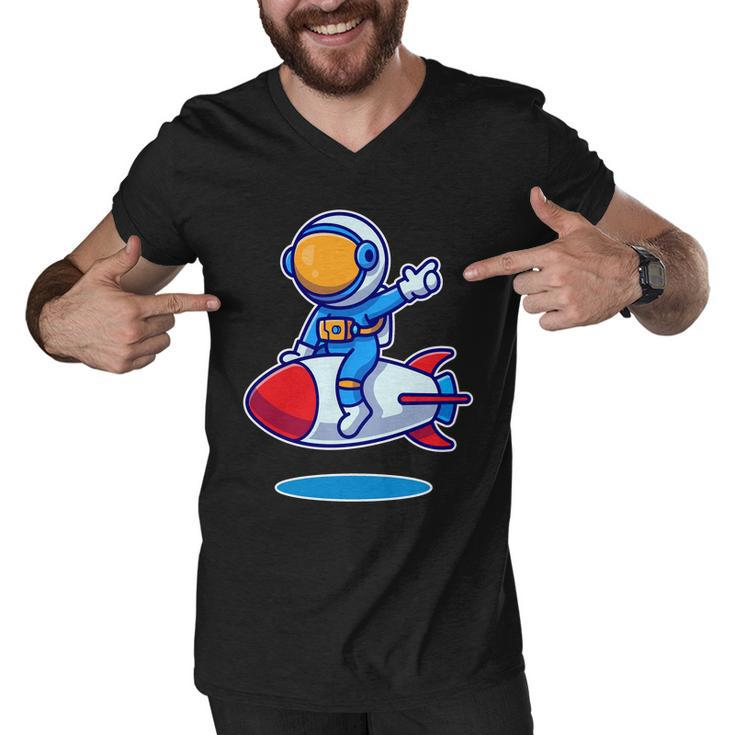 Cute Astronaut On Rocket Cartoon Men V-Neck Tshirt
