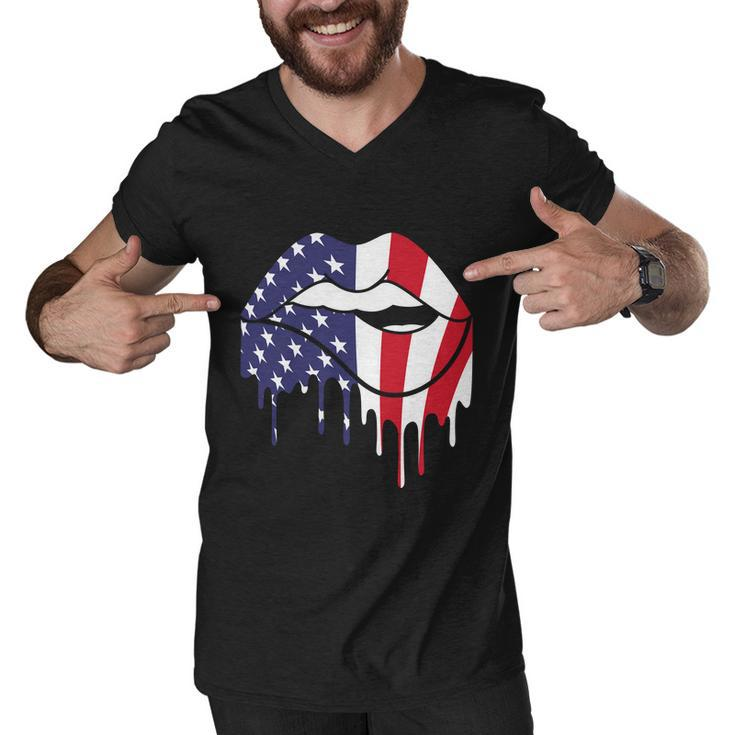 Cute Dripping Lips 4Th Of July Usa Flag Graphic Plus Size Men V-Neck Tshirt