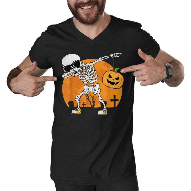 Dabbing Skeleton Funny Halloween Pumpkin Skeleton  Men V-Neck Tshirt