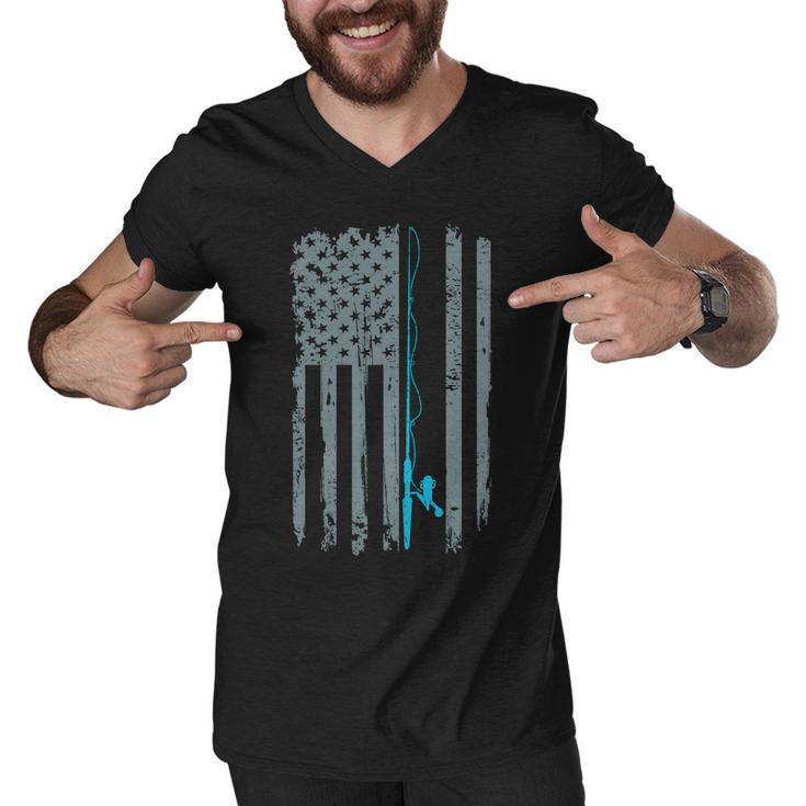 Distressed American Flag Fishing Pole Men V-Neck Tshirt