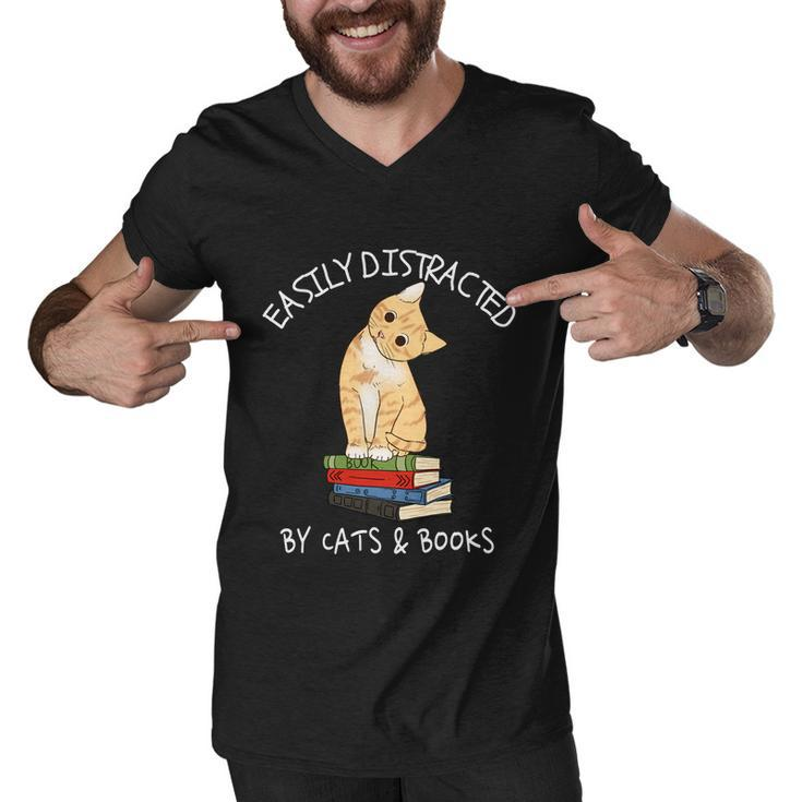 Easily Distracted By Cats And Books Gift Cat And Book Lover Gift Tshirt Men V-Neck Tshirt