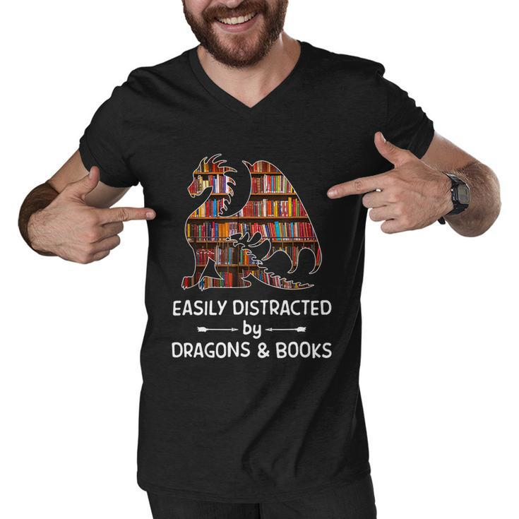 Easily Distracted By Dragon And Books Nerds Tshirt Men V-Neck Tshirt