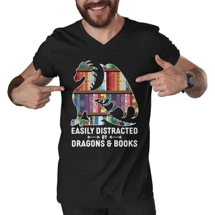 Easily Distracted By Dragons And Books Fantasy Book Lover Men V-Neck Tshirt