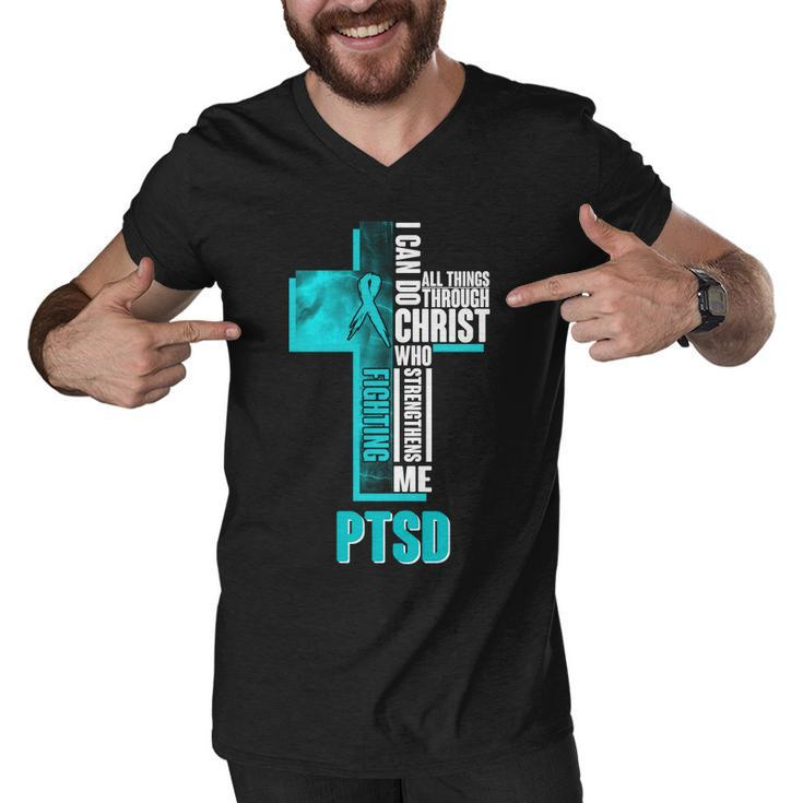 Fighting Ptsd Awareness Cross Men V-Neck Tshirt