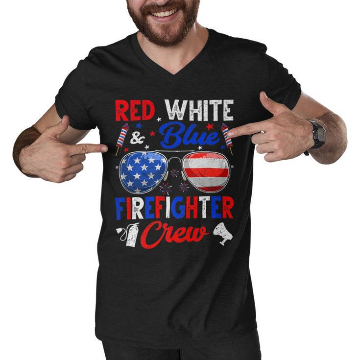 Firefighter Vintage Red White Blue Firefighter American Flag Men V-Neck Tshirt