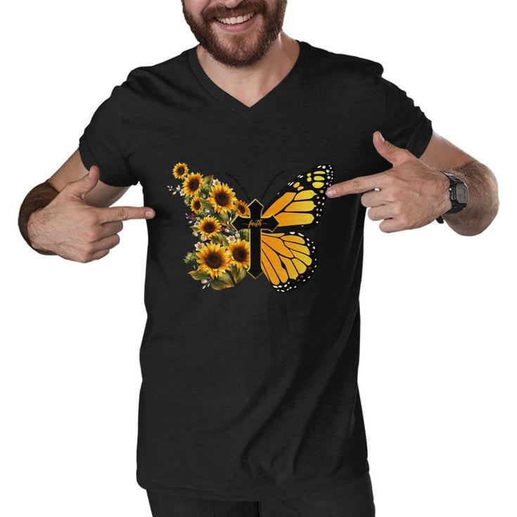 Floral Butterfly Faith Cross Men V-Neck Tshirt